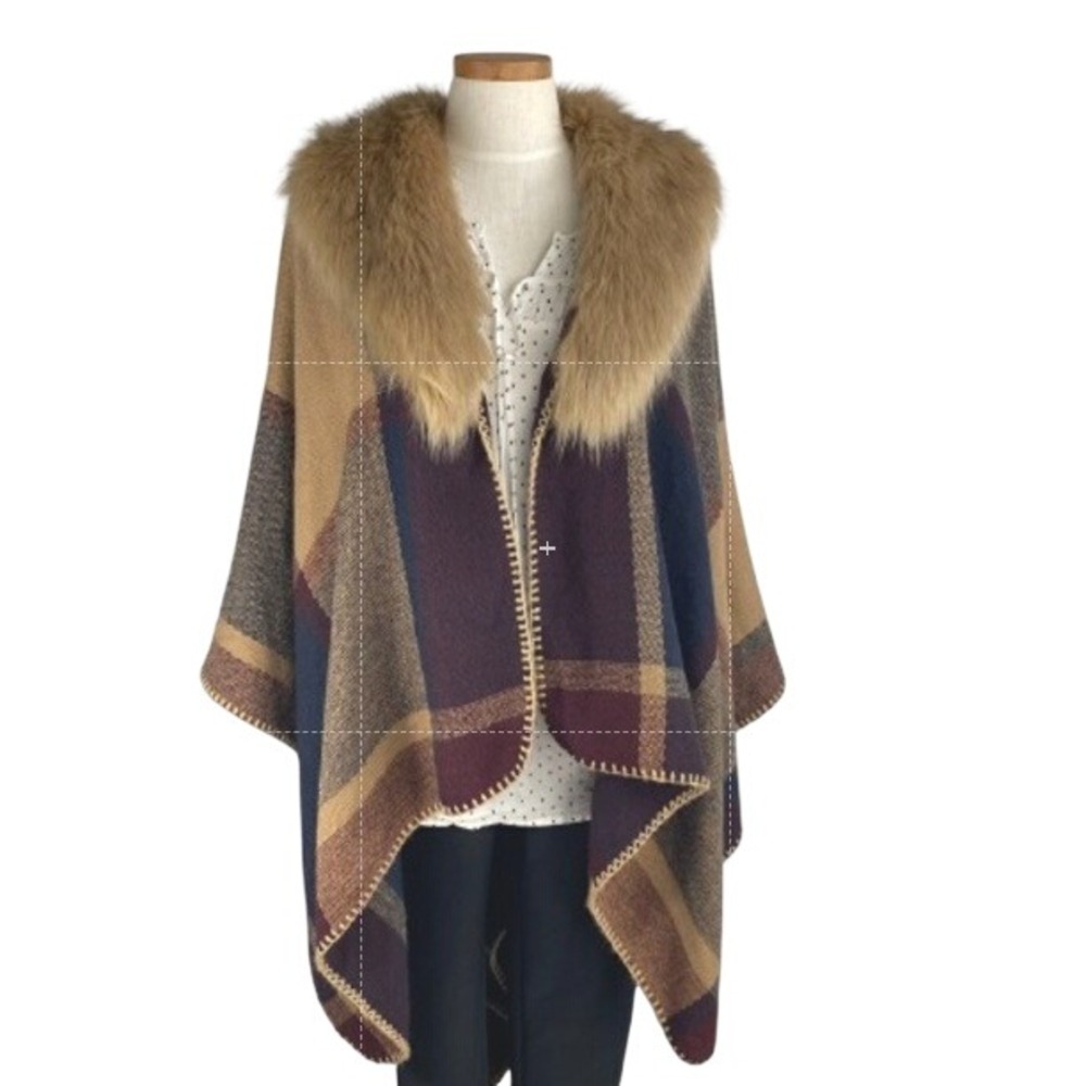 Candor New York City Plaid Faux Fur Collar Poncho Women OS Brown Whipstitch Wrap